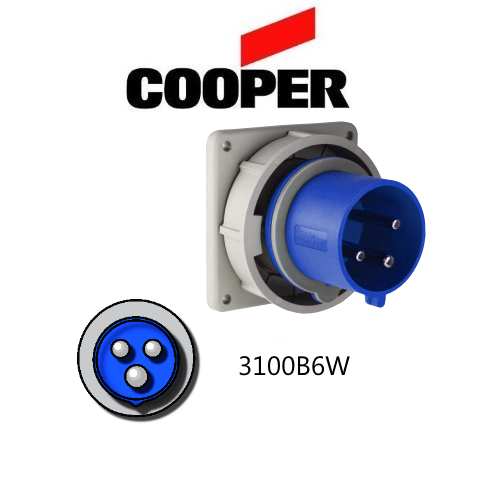 Cooper 3100B6W Inlet -  100A, 250V 2-Pole / 3-Wire, IEC60309