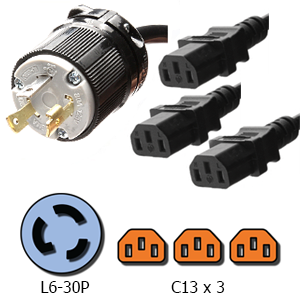 L6-30P to 3x C13 3-Way Splitter Power Cord, 10A, 250V